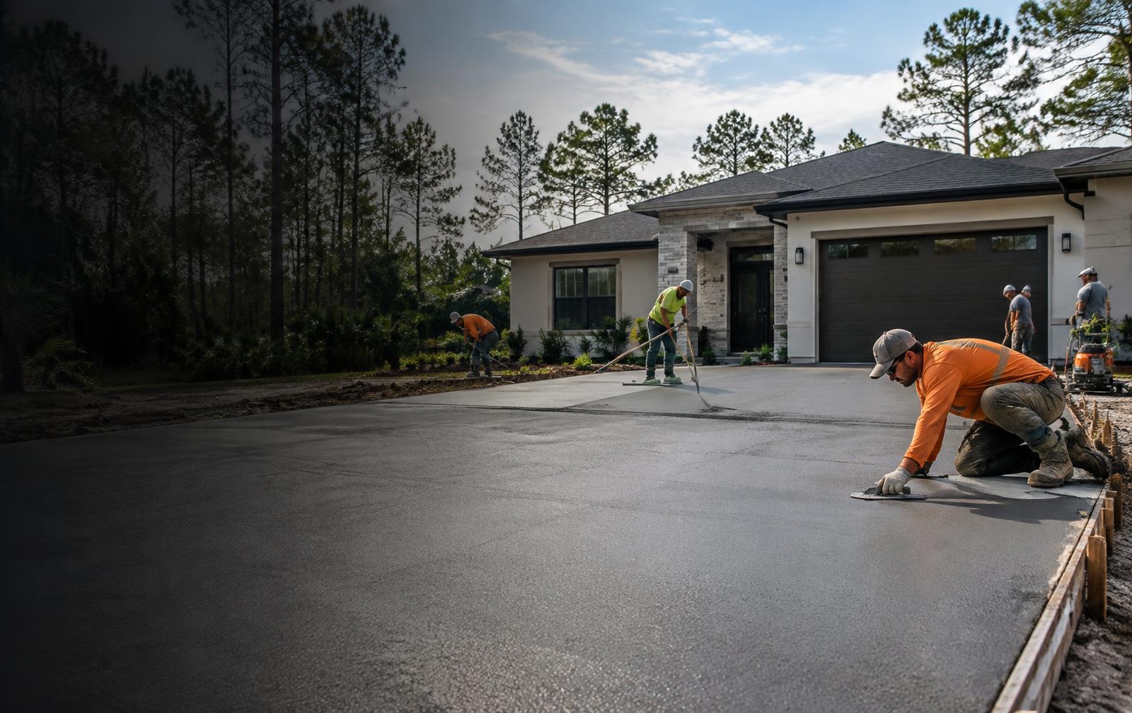 Concrete crew finishing a residential driveway